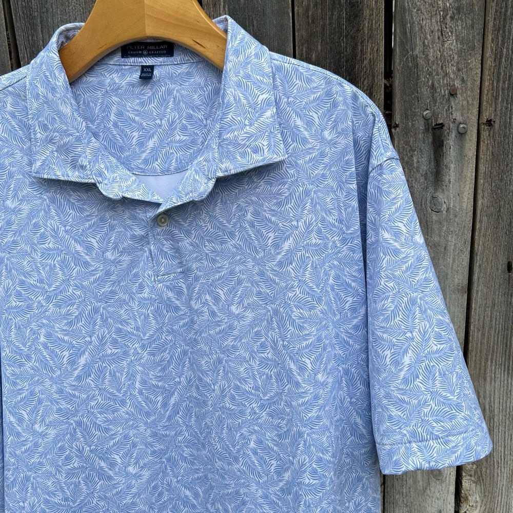 Peter Millar Performance Short Sleeve Jersey Polo Shirt Palm Leaf Blue White XXL - Picture 3 of 16